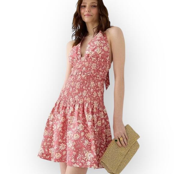 J.Crew Mini Dress Women's Large Pink White Floral Smocked Halter Ruffle V-Neck - Picture 1 of 13